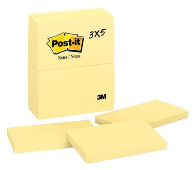 Post-It - Notes  3 in x 5 in  Canary Yellow  nota autoadhesiva Amarillo 100 hojas Autoadhesivo 655