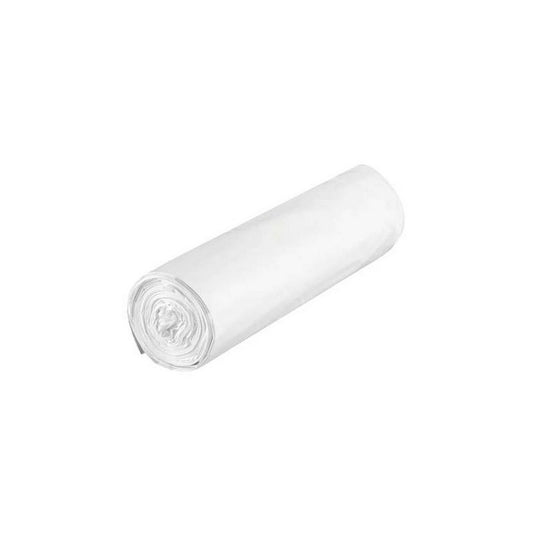 Saco blanco con capacidad de 55 litros y medidas de 67x85 cm, rollo de 20 unidades y resistencia de galga 120.