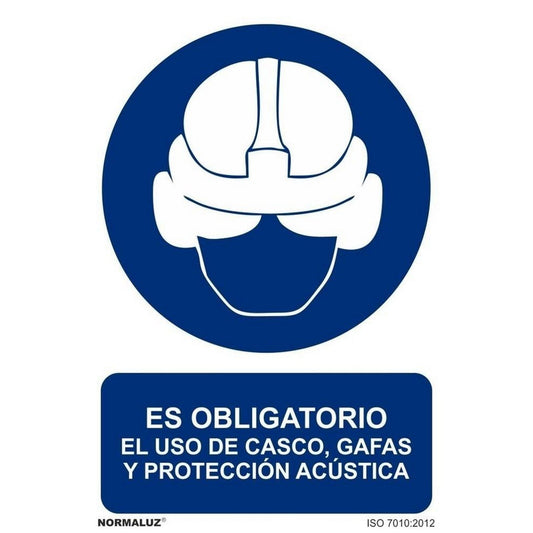 RD20613 - Señal Adhesiva Es Obligatorio El Uso  Del Casco , Gafas Y Protección Acústica  Adhesivo de Vinilo 20X30 cm  con CTE, RIPCI